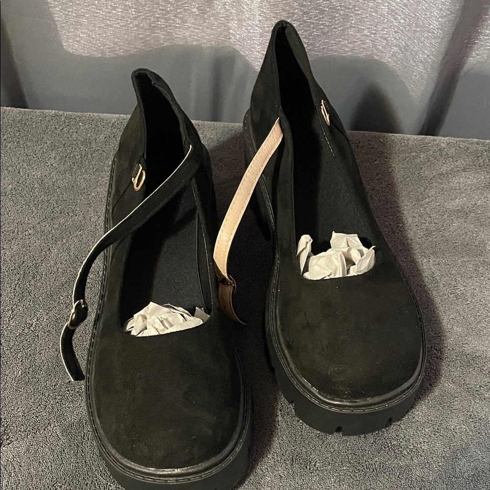Women’s Black Faux Suede Mary Jane Loafers with Ankle Strap
